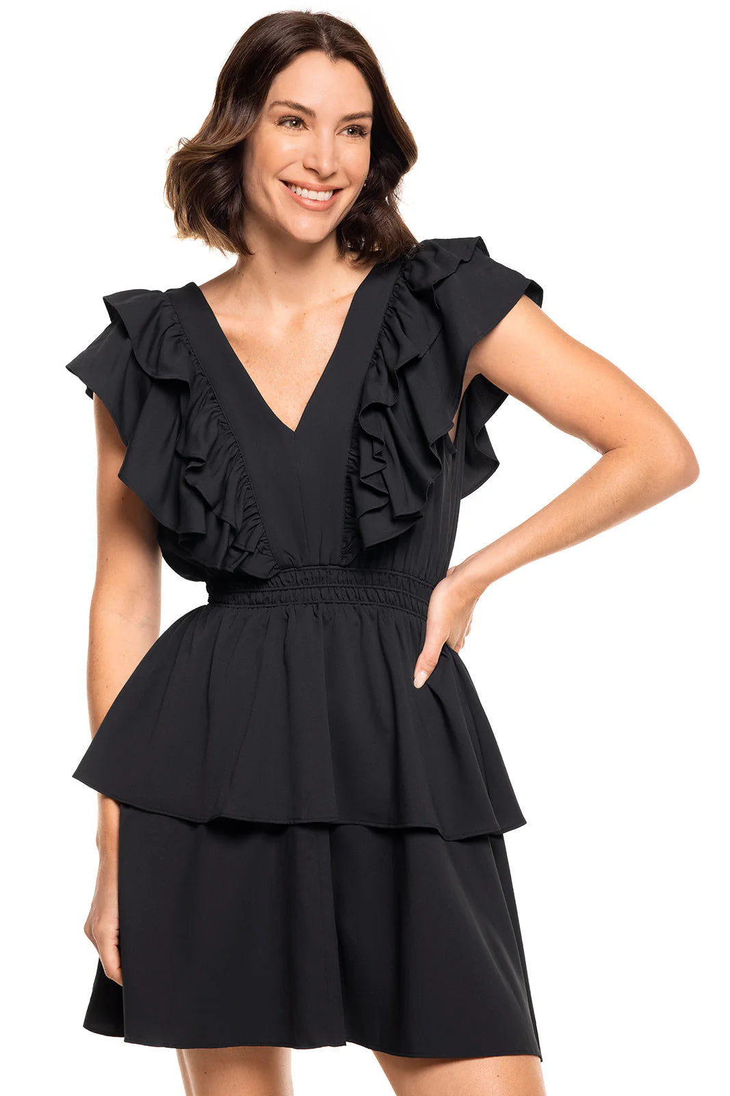 South Cove V-Neck Ruffle Dress - Black