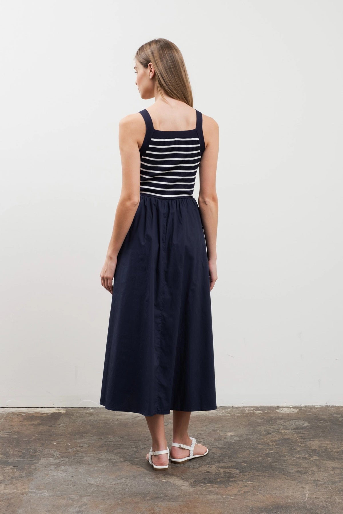 Square Neck Sweater Knit Midi Dress - Navy
