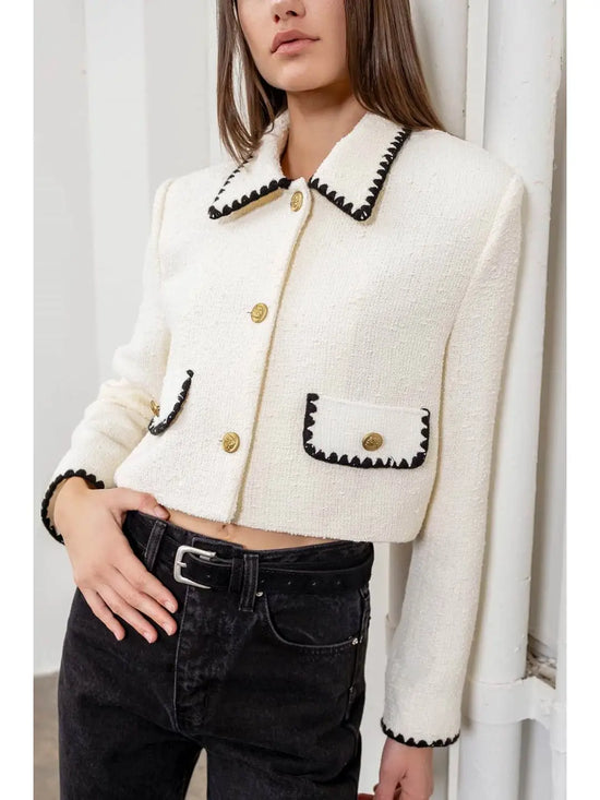 Contrast Trim Button Down Cropped Blazer