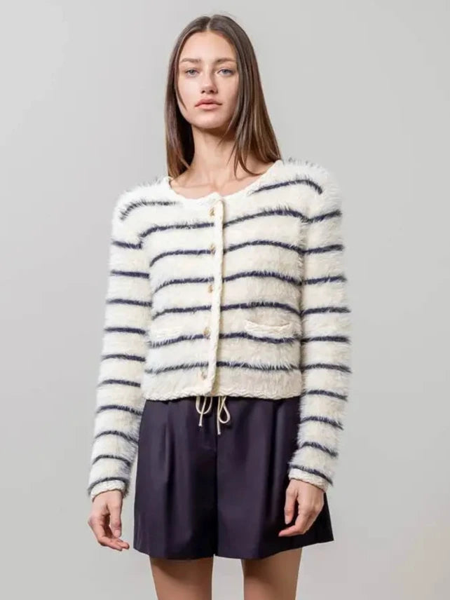 Fuzzy Striped Buttoned Cardigan