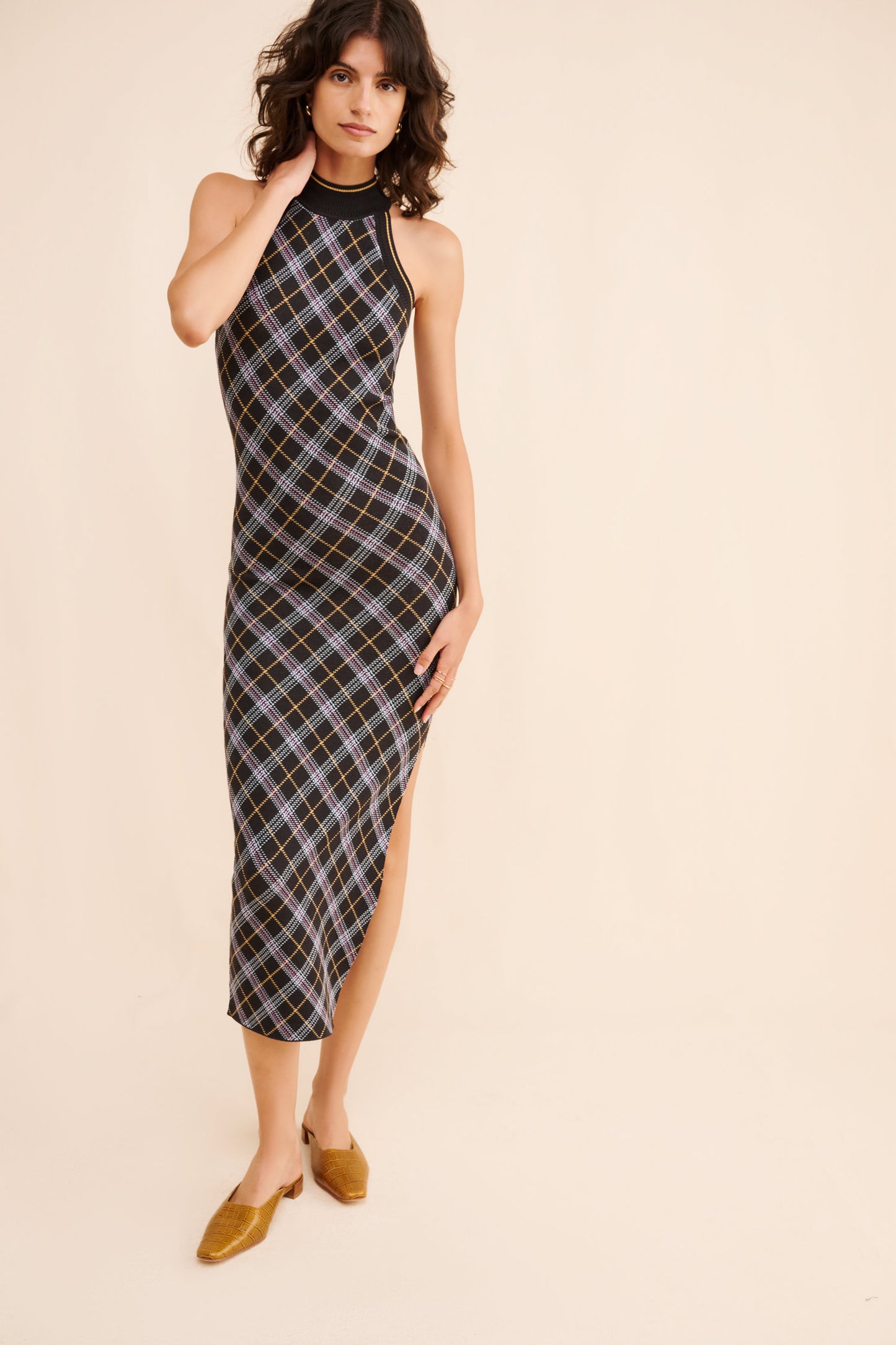 NAYA PLAID KNIT MIDI DRESS