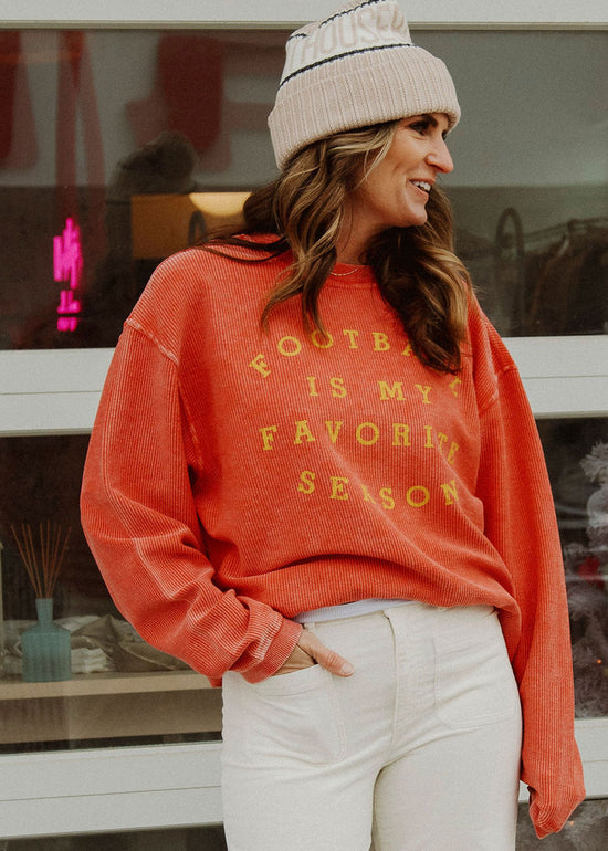 Load image into Gallery viewer, FOOTBALL IS MY FAVORITE SEASON RIBBED SWEATSHIRT RED/GOLD
