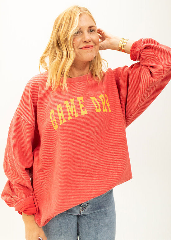 Load image into Gallery viewer, GAME DAY RIBBED SWEATSHIRT RED/GOLD
