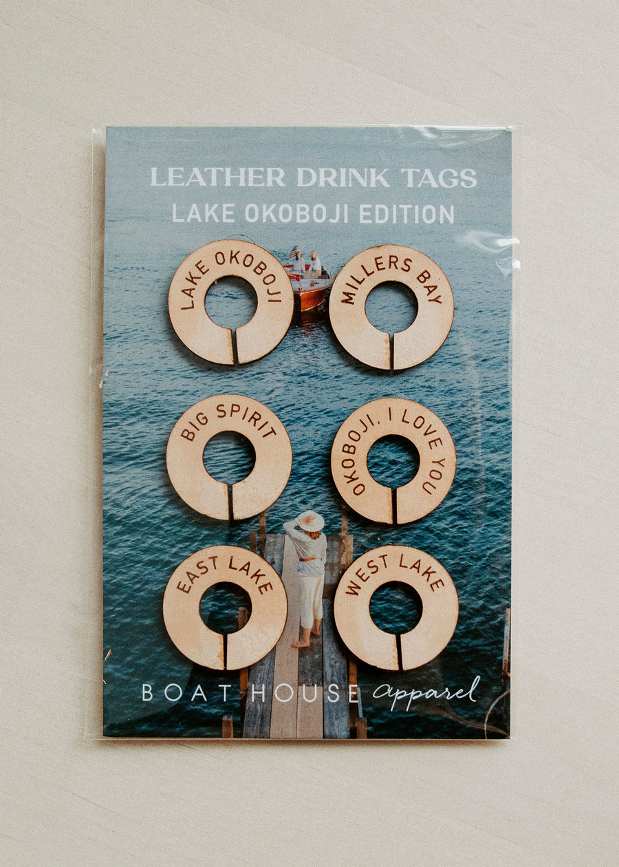 Load image into Gallery viewer, OKOBOJI LEATHER DRINK TAGS
