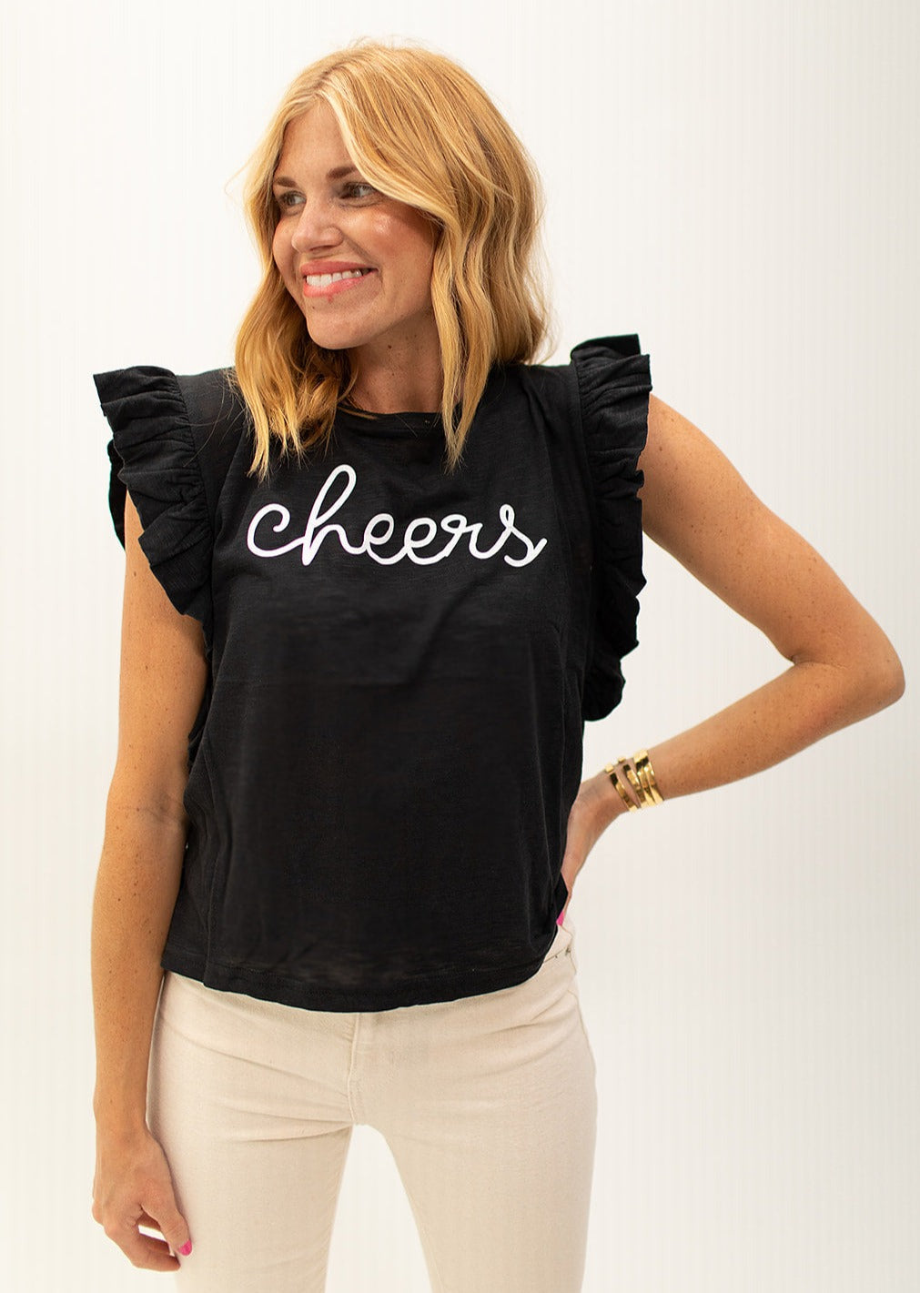 Load image into Gallery viewer, CHEERS RUFFLE T-SHIRT
