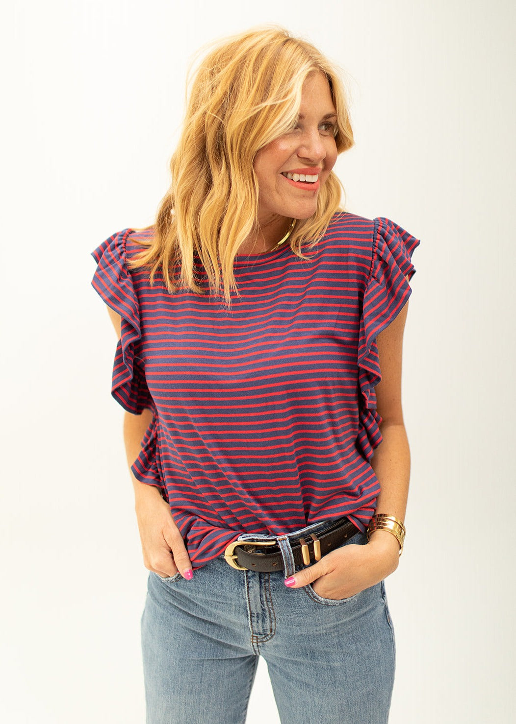 Load image into Gallery viewer, HARBOR ISLAND RUFFLE TEE NAVY/RED STRIPE
